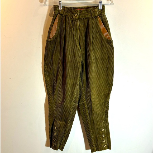 ALAIN MANOUKIAN Sz 38 Thick Corduroy Leather Trim Barrel Equestrian design Pants - Picture 1 of 12